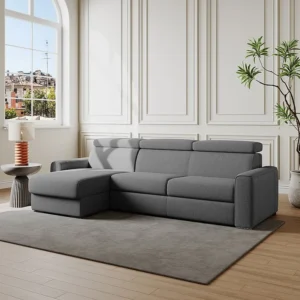 Omkeerbare slaapbank met hoek grijze stof latten van 140 cm dikte 18 cm VIZIR