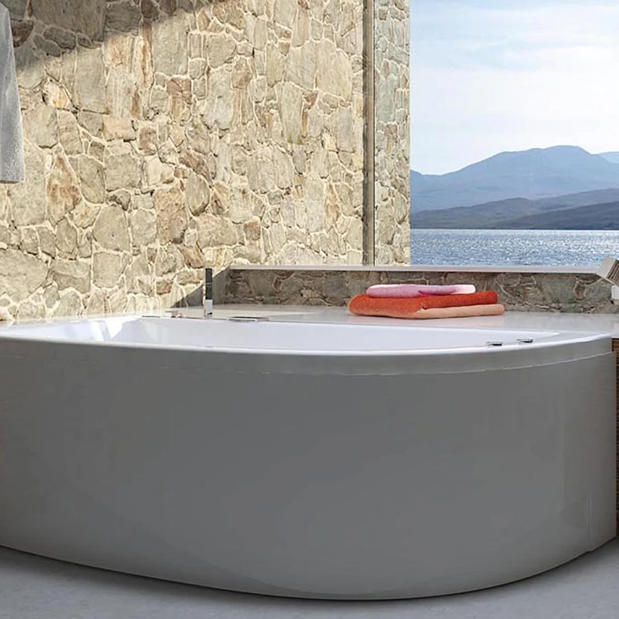 Asymmetric plexiglas whirlpool bathtub pneumatic start Model Neo