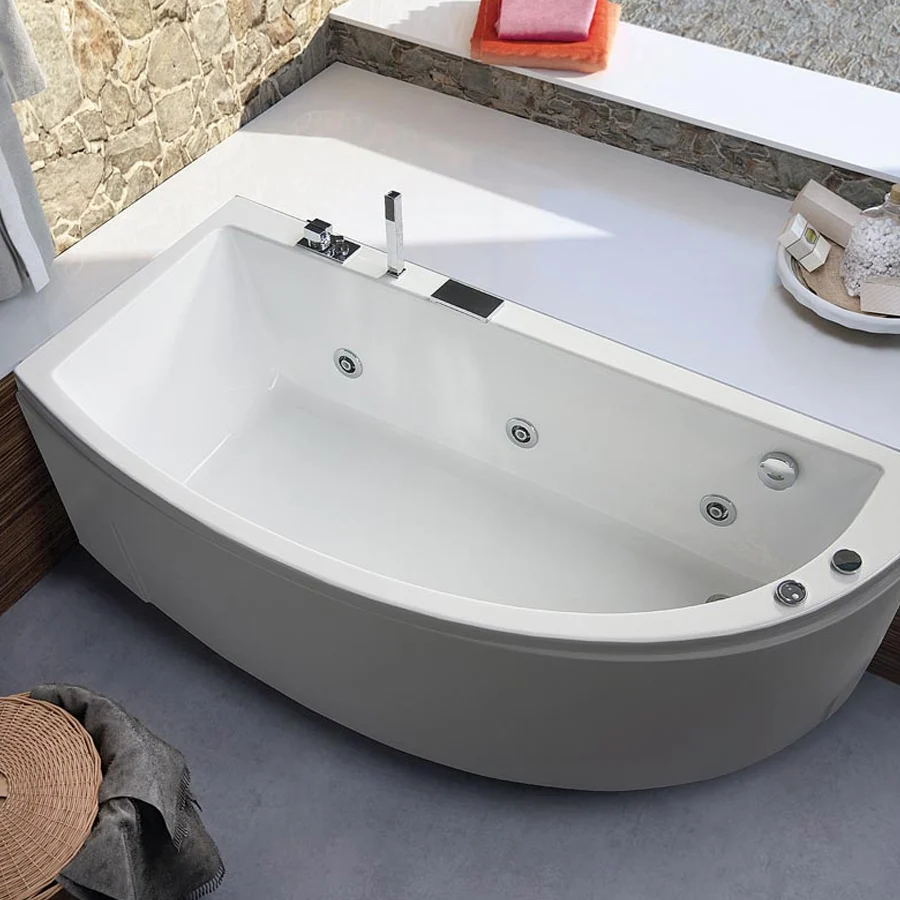 Asymmetric plexiglas whirlpool bathtub pneumatic start Model Neo