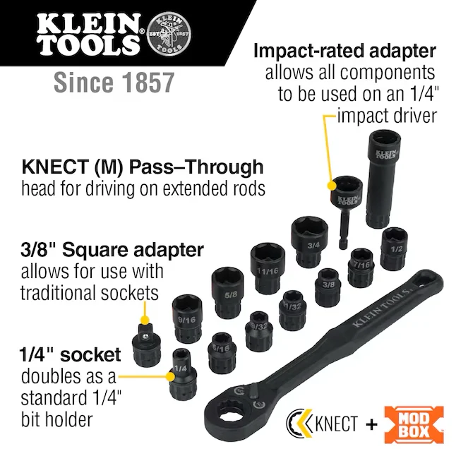 Klein Tools Impact Rated Pass Through 15-Piece Standard (SAE) 3/8- Drive 6-point Set Deep Socket Set