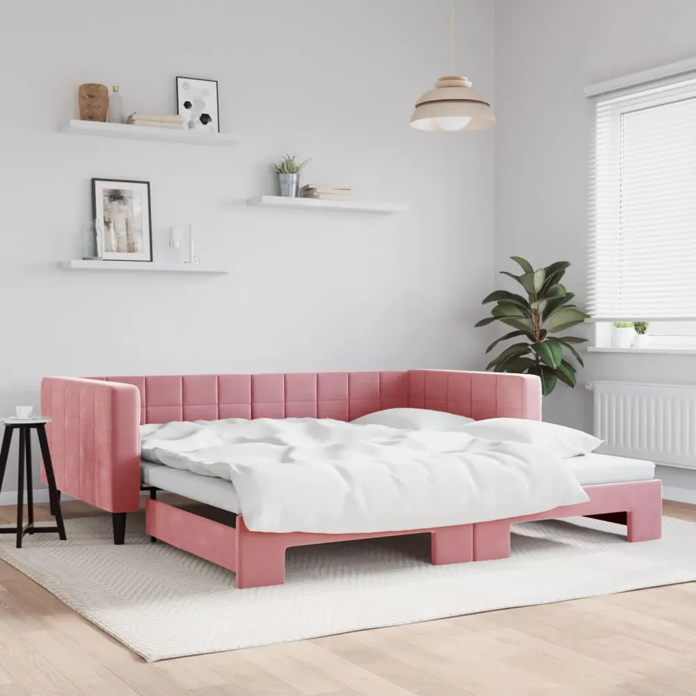 Caravan Ledverlichting Slaapbank met onderschuifbed 100x200 cm fluweel roze