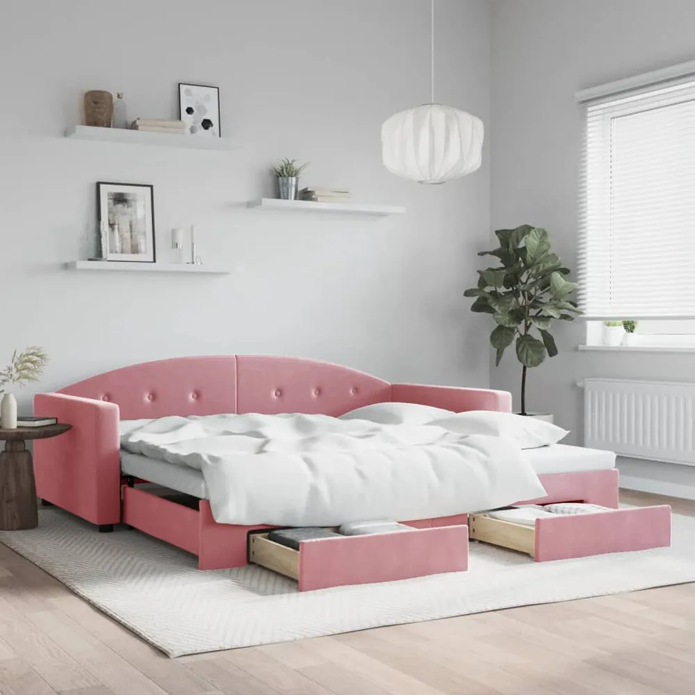 Caravan Matras Slaapbank met onderschuifbed en lades 100x200 cm fluweel roze