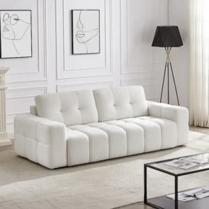 Driezitsbank van witte boucléstof met design-stijl SOPELANA van Lichtgewicht Materiaal