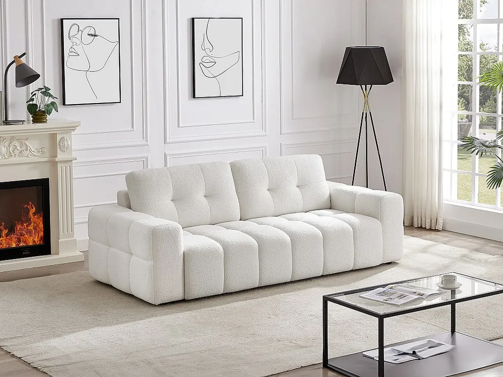 Driezitsbank van witte boucléstof met design-stijl SOPELANA van Lichtgewicht Materiaal