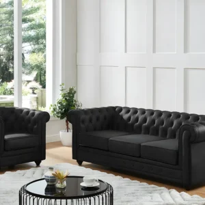 Iconische driezitsbank van buffelleer CHESTERFIELD - Zwart met CE-Keurmerk