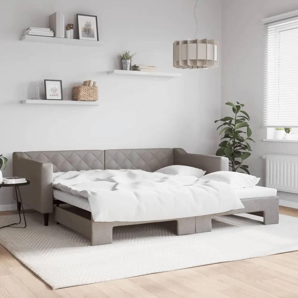 Slaapbank met onderschuifbed 100x200 cm stof taupe - Universeel Pasmodel