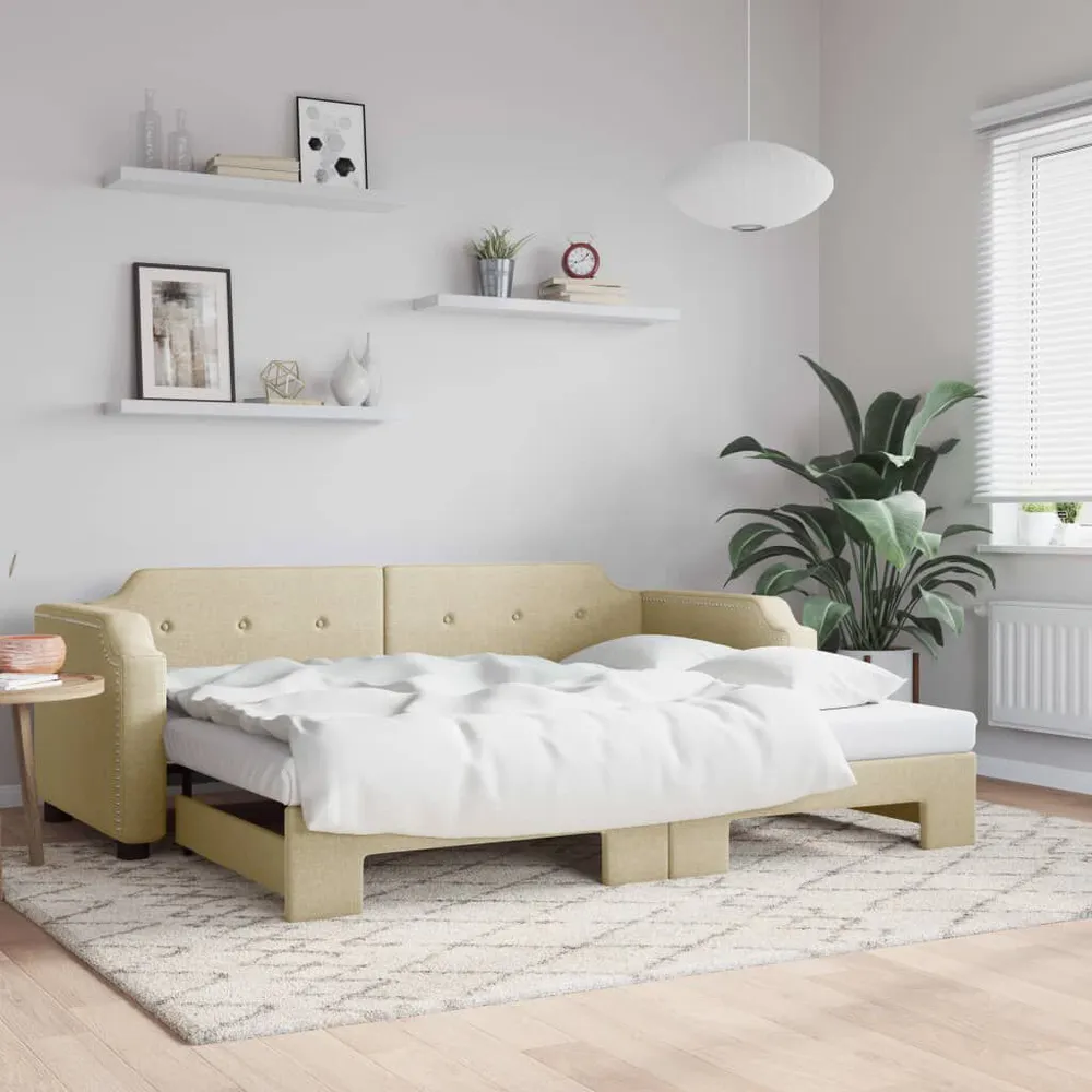 Slaapbank met onderschuifbed 80x200 cm stof crèmekleurig Complete Set Gordijnen