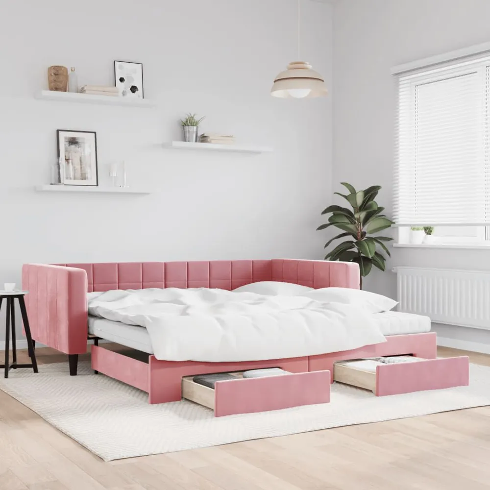 Slaapbank met onderschuifbed en lades 100x200 cm fluweel roze met Zachte Afwerking