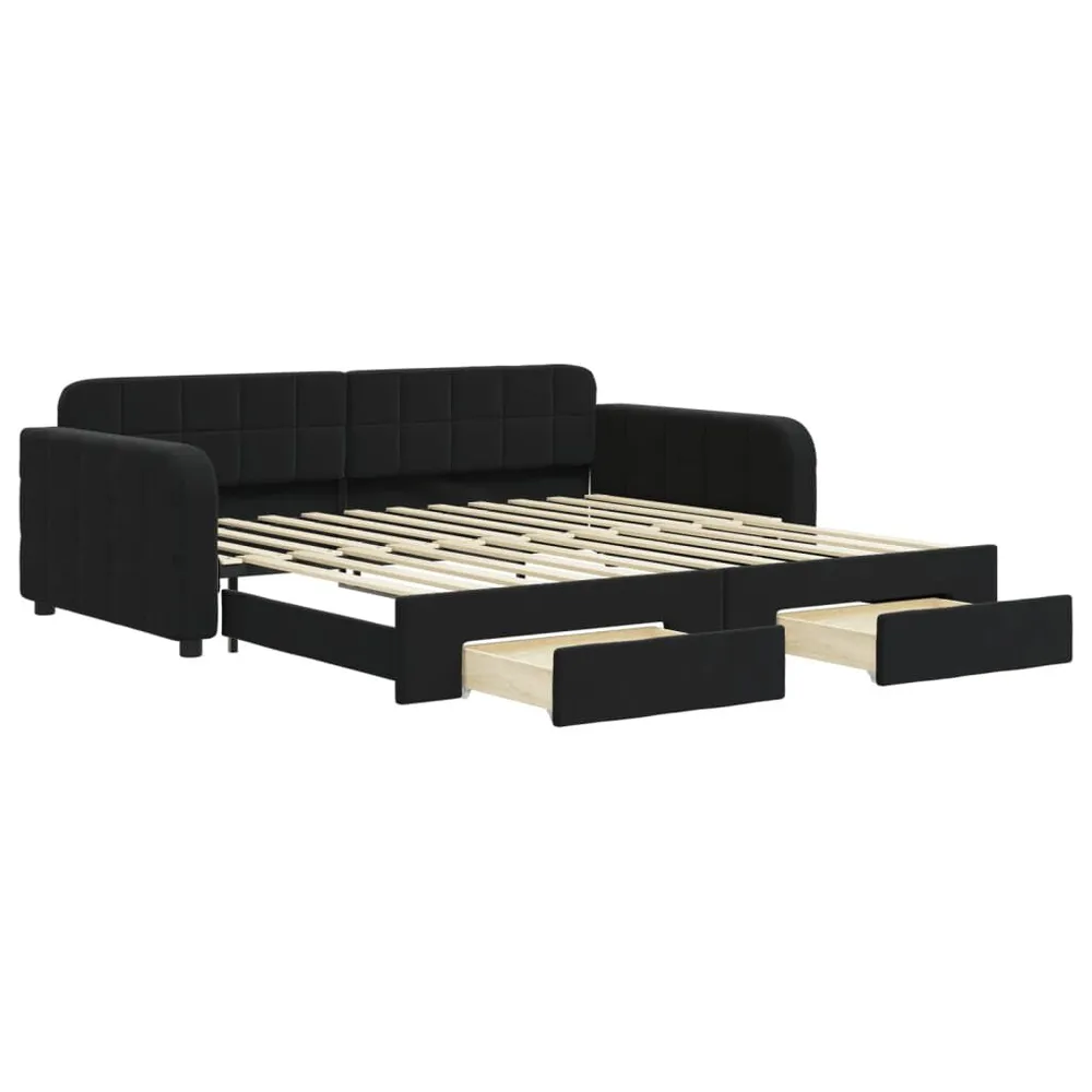 Slaapbank met onderschuifbed en lades 100x200 cm fluweel zwart met Zachte Afwerking