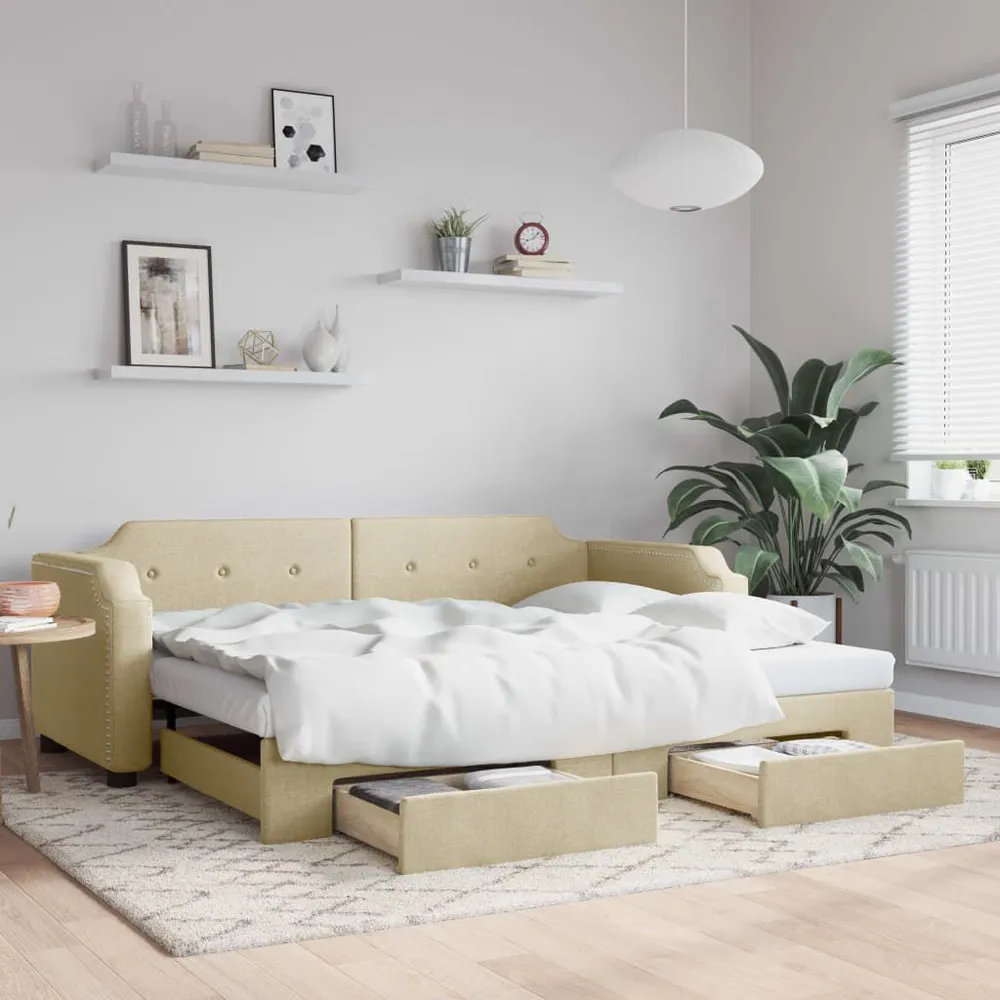 Slaapbank met onderschuifbed en lades 80x200 cm stof crèmekleur Easy Clean Oppervlak