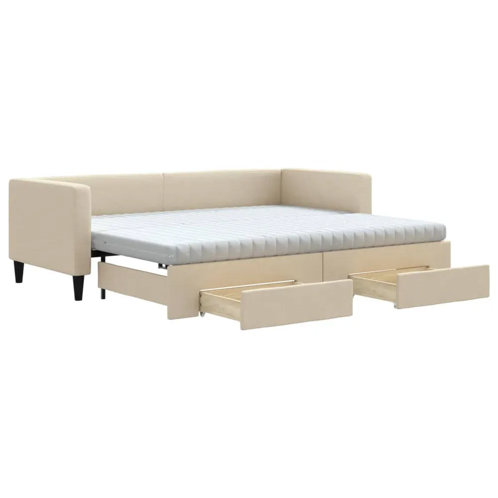 Slaapbank met onderschuifbed en lades 80x200 cm stof crèmekleur met Zachte Afwerking