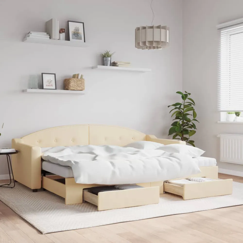 Slaapbank met onderschuifbed en lades 80x200 cm stof crèmekleur van Lichtgewicht Materiaal
