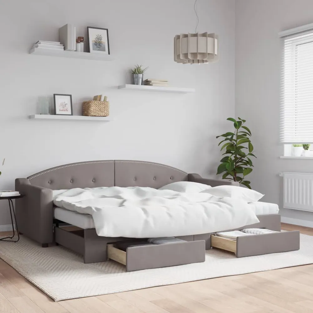 Slaapbank met onderschuifbed en lades 80x200 cm stof taupe van Lichtgewicht Materiaal