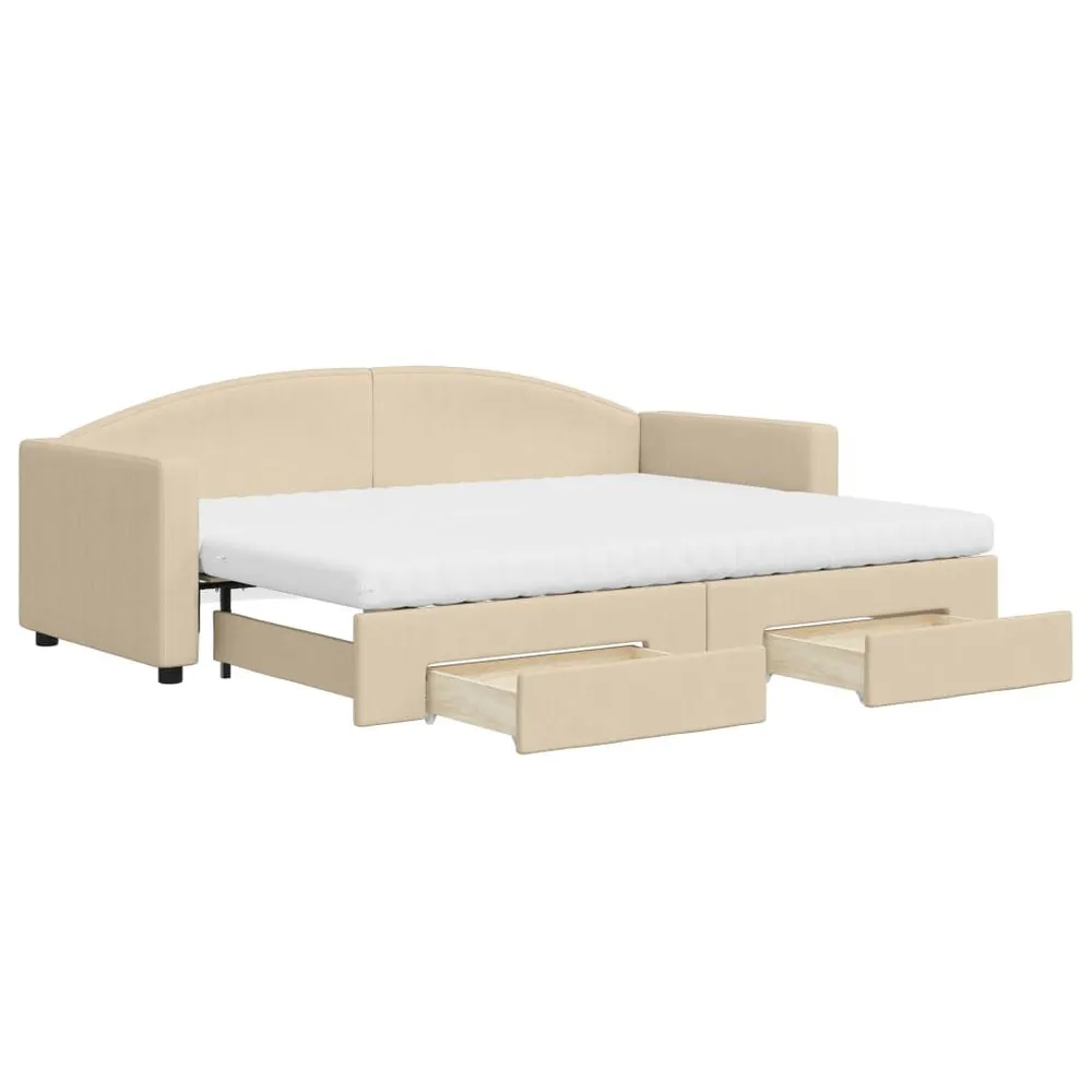 Slaapbank met onderschuifbed en lades 80x200 cm stof crèmekleur Complete Set Gordijnen