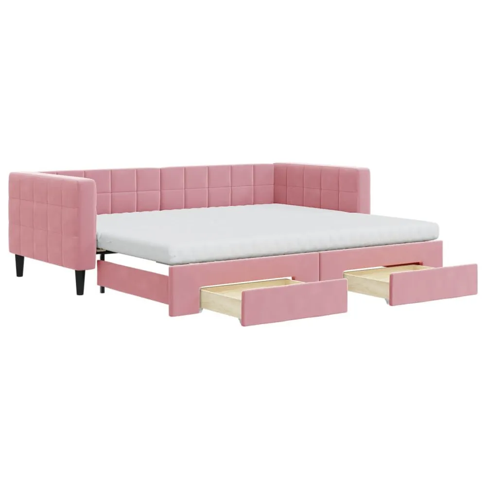 Slaapbank met onderschuifbed en lades 90x200 cm fluweel roze