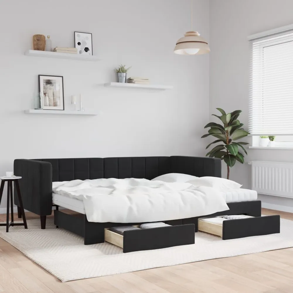 Slaapbank met onderschuifbed en lades 90x200 cm fluweel zwart