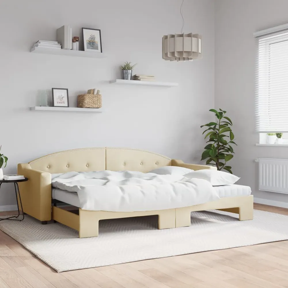 Slaapbank met onderschuifbed en matrassen 80x200 cm stof crème