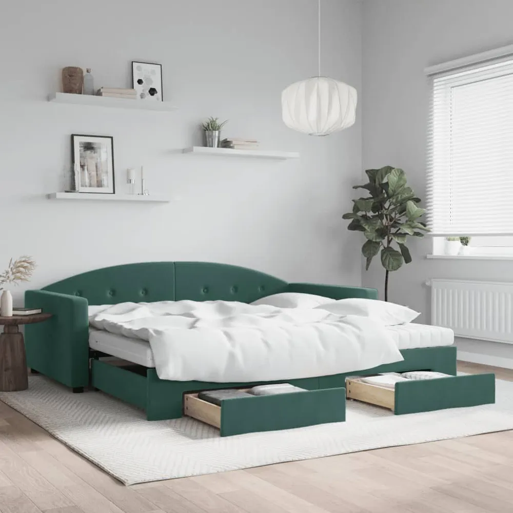 Slaapbank onderschuifbed lades 100x200 cm fluweel donkergroen met CE-Keurmerk