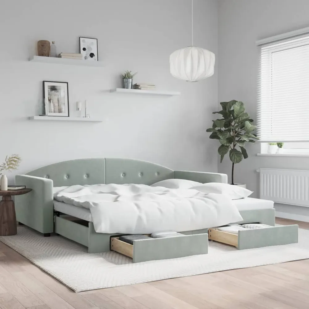 Slaapbank onderschuifbed en lades 100x200 cm fluweel lichtgrijs op Maat Gemaakt