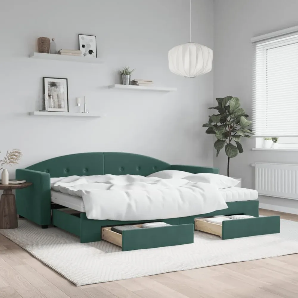 Slaapbank onderschuifbed en lades 90x200 cm fluweel donkergroen