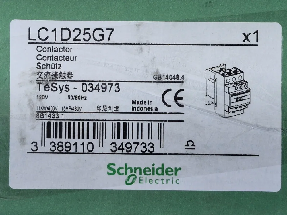25 Amp, 3 Pole, 1NO + 1NC, 120 VAC Coil Contactor LC1D25G7 met 2 jaar garantie