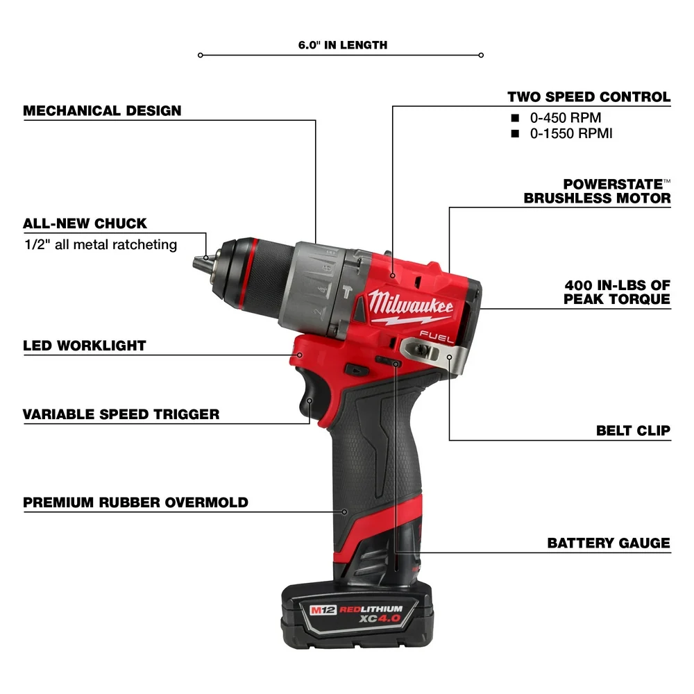 MILWAUKEE M12 FUEL™ 1/2" Hammer Drill/Driver Kit voor Benzine- en Dieselmotoren