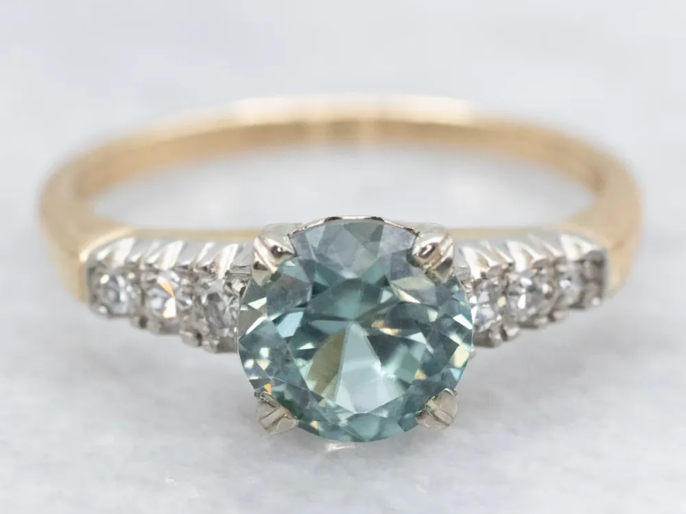 1950s Zeeblauw Zircon and Diamond Two Tone Ring zwarte poedercoating