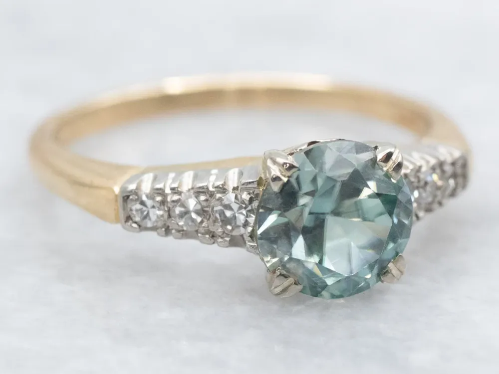 1950s Zeeblauw Zircon and Diamond Two Tone Ring zwarte poedercoating