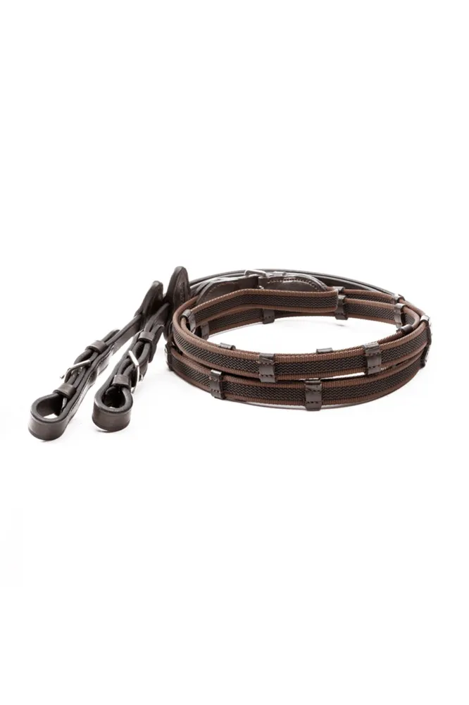 Double Ridge Rubberised Reins 10 Stops, 16 mm Brown PII