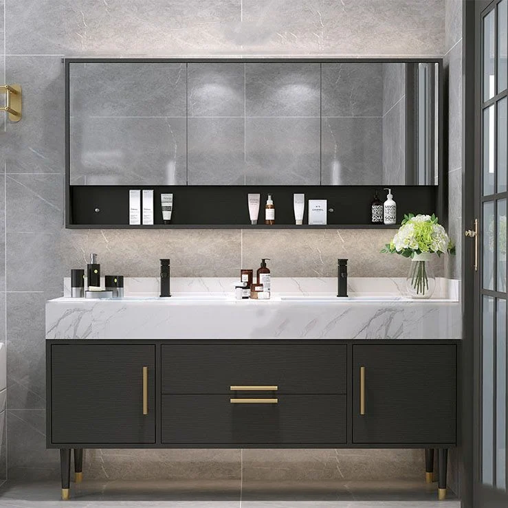Double Sink Vanity Set 2 Doors Rectangle Freestanding Metalen Frame Vanity Mirror Heavy Duty constructie 31l