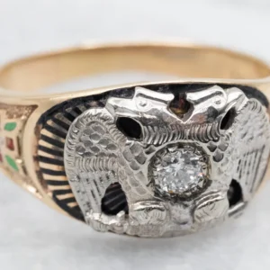 Duo Headed Eagle and European Cut Diamond Masonic Ring