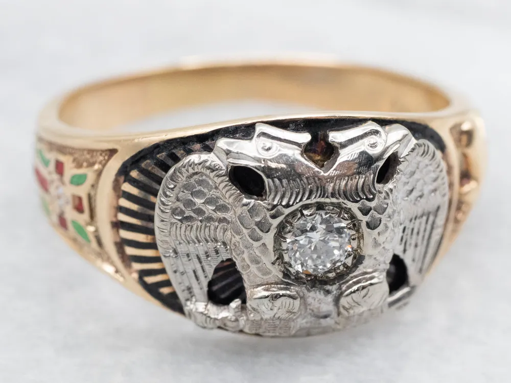Duo Headed Eagle and European Cut Diamond Masonic Ring