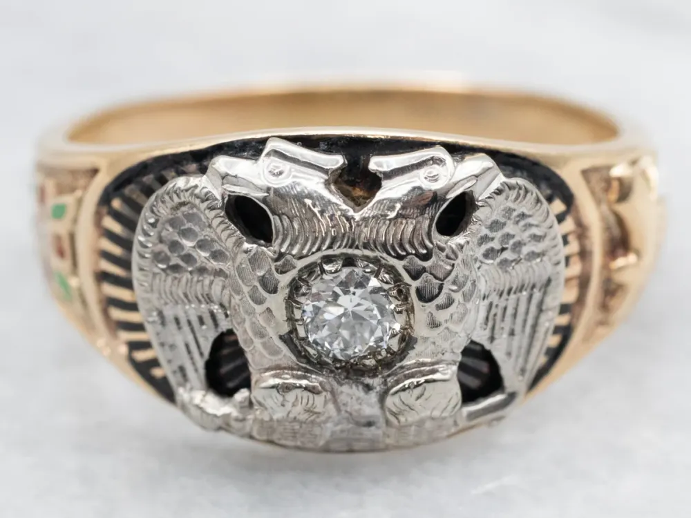 Duo Headed Eagle and European Cut Diamond Masonic Ring