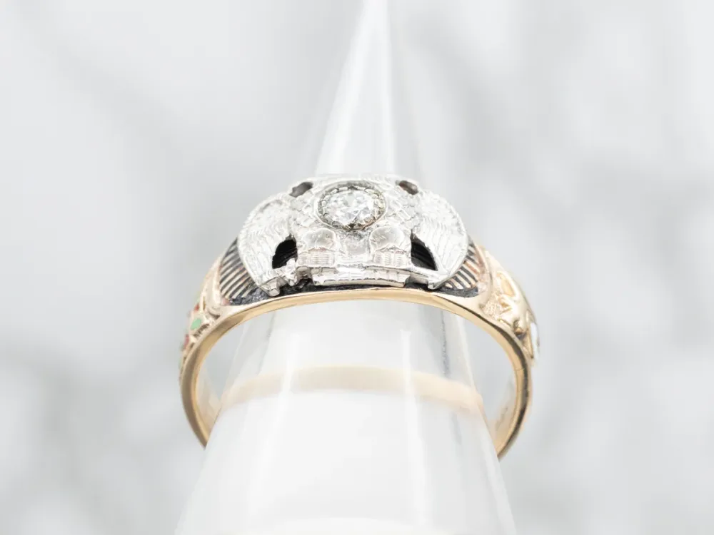 Duo Headed Eagle and European Cut Diamond Masonic Ring