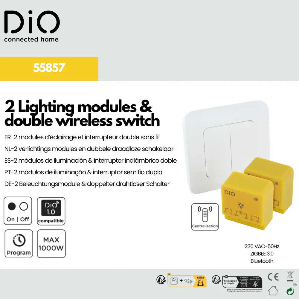 Kit 2 lighting modules and tweevoudig DiO wireless switch (433Mhz / Zigbee / BLE)
