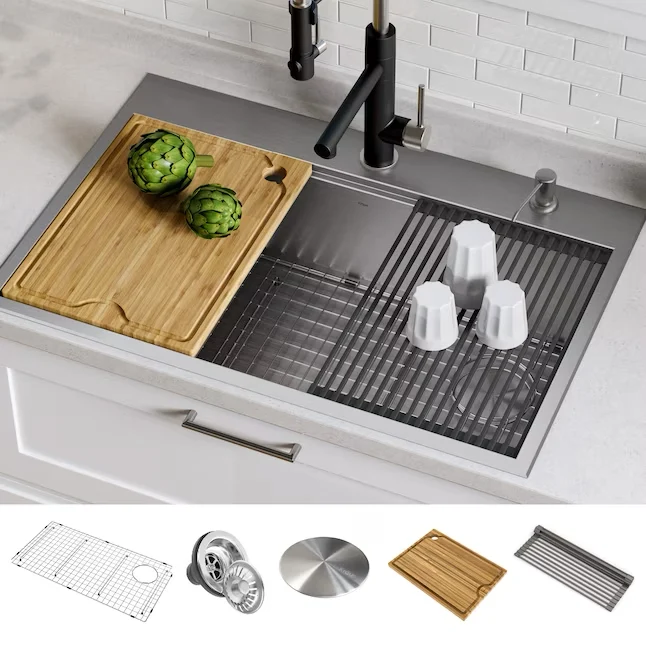 Kraus Kore Workstation Dual-mount 33- x 22- Niet-roestend Steel Single Bowl 2-Hole Workstation Kitchen Sink