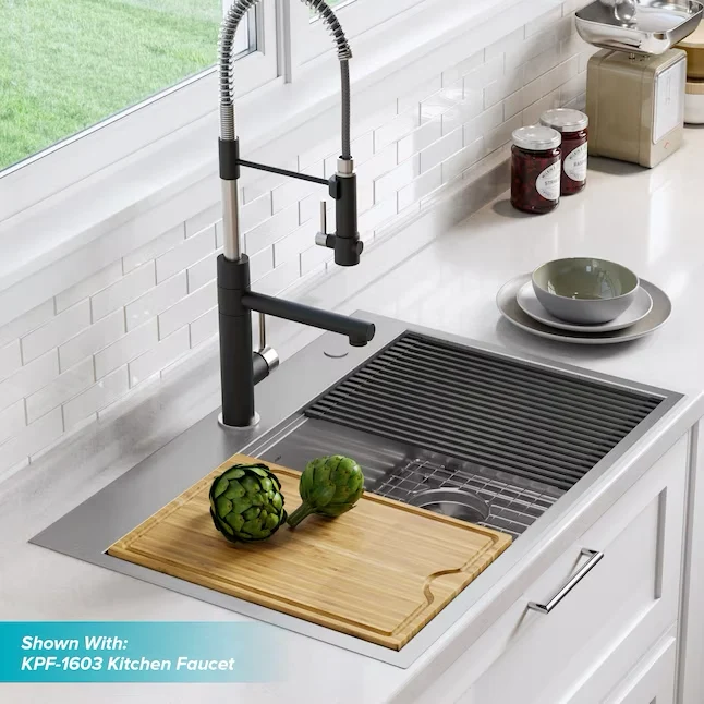 Kraus Kore Workstation Dual-mount 33- x 22- Niet-roestend Steel Single Bowl 2-Hole Workstation Kitchen Sink