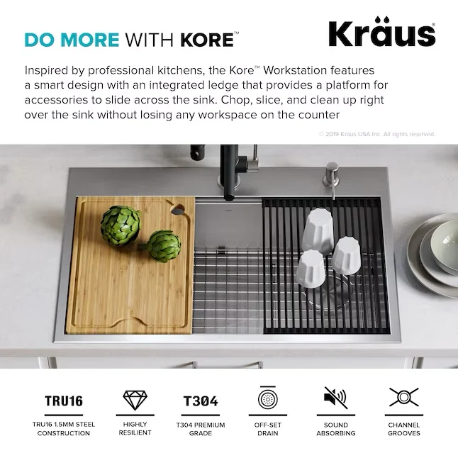 Kraus Kore Workstation Dual-mount 33- x 22- Niet-roestend Steel Single Bowl 2-Hole Workstation Kitchen Sink