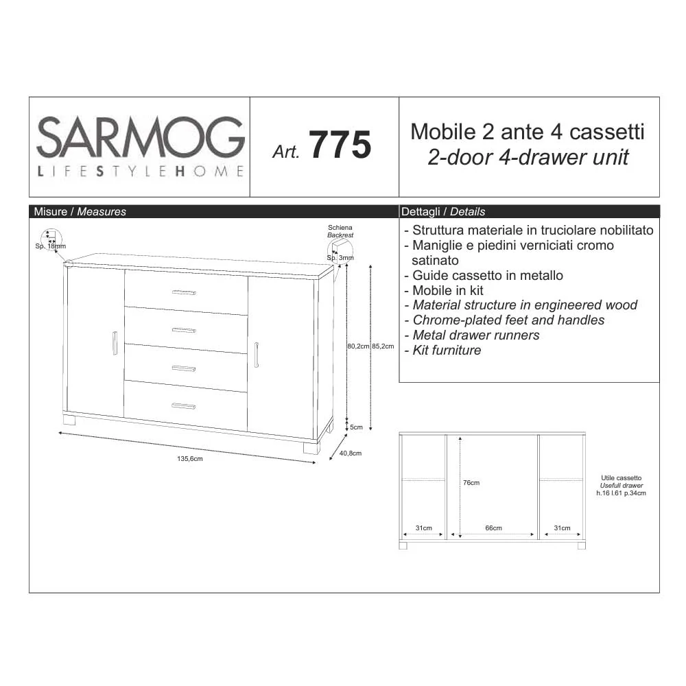 Mobile Credenza 2 doors and 4 drawers Cement Structure Finish / Cement Front Finish Sarmog