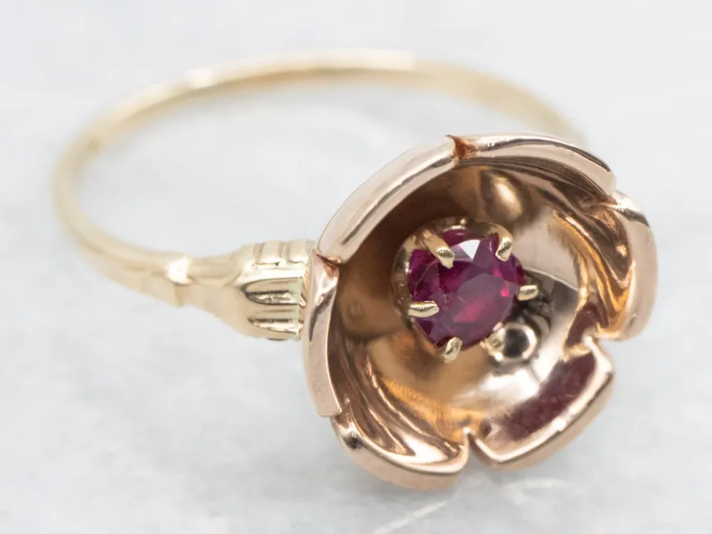 Ouderwets Two Tone Ruby Flower Ring - Directe Montage