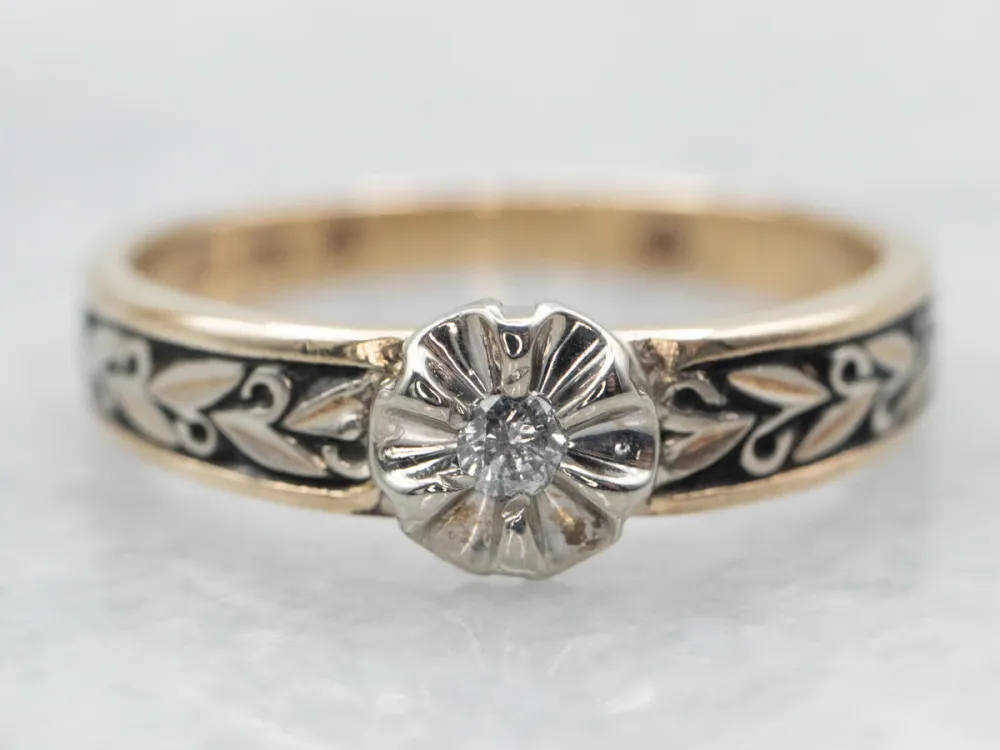 Professionele Klasse Two Tone Diamond Flower Ring Etched Shoulders
