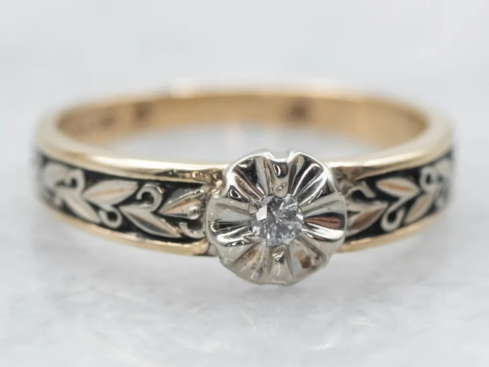 Professionele Klasse Two Tone Diamond Flower Ring Etched Shoulders