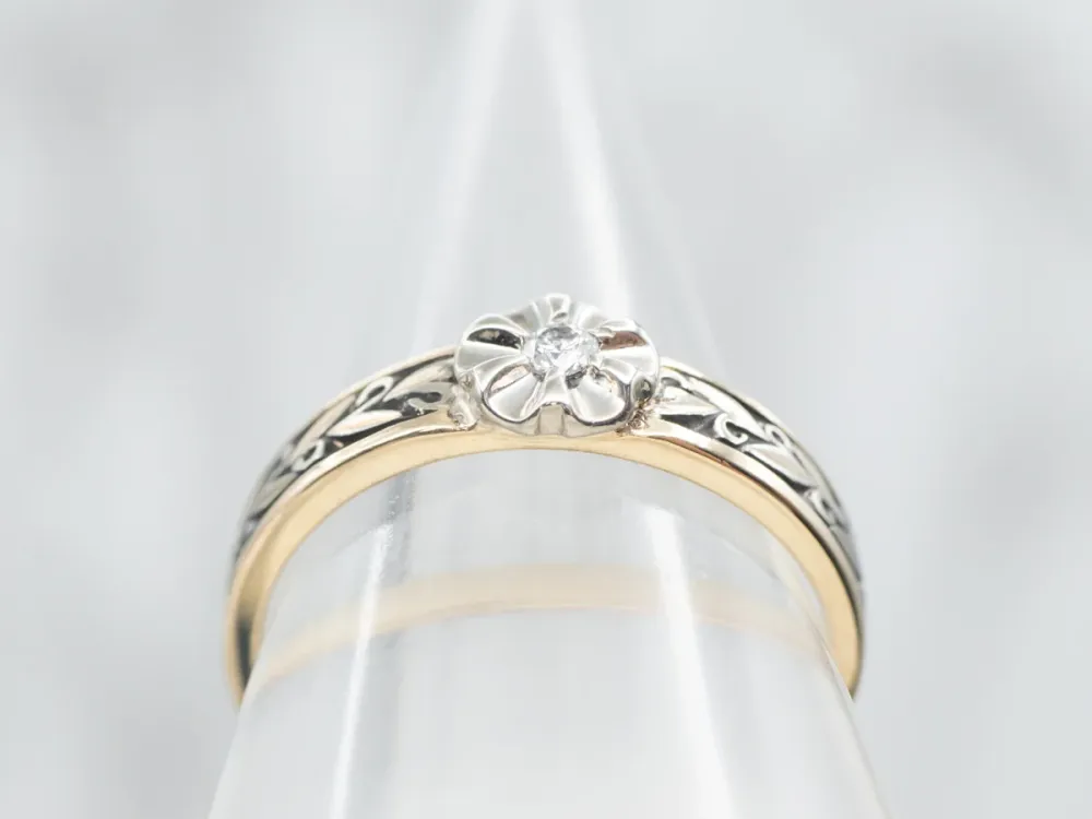 Professionele Klasse Two Tone Diamond Flower Ring Etched Shoulders