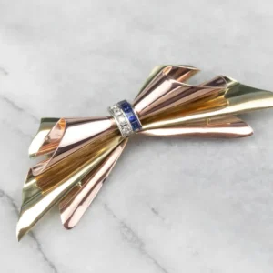 Sapphire Diamond Two Tone Goud Bow Brooch met bouten en moeren