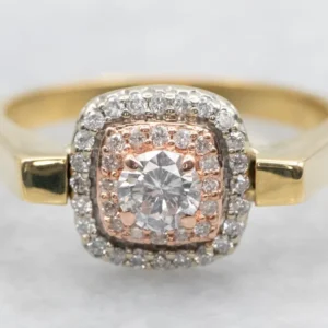 Tri-Color Goud Repurposed Earring Double Diamond Halo Ring
