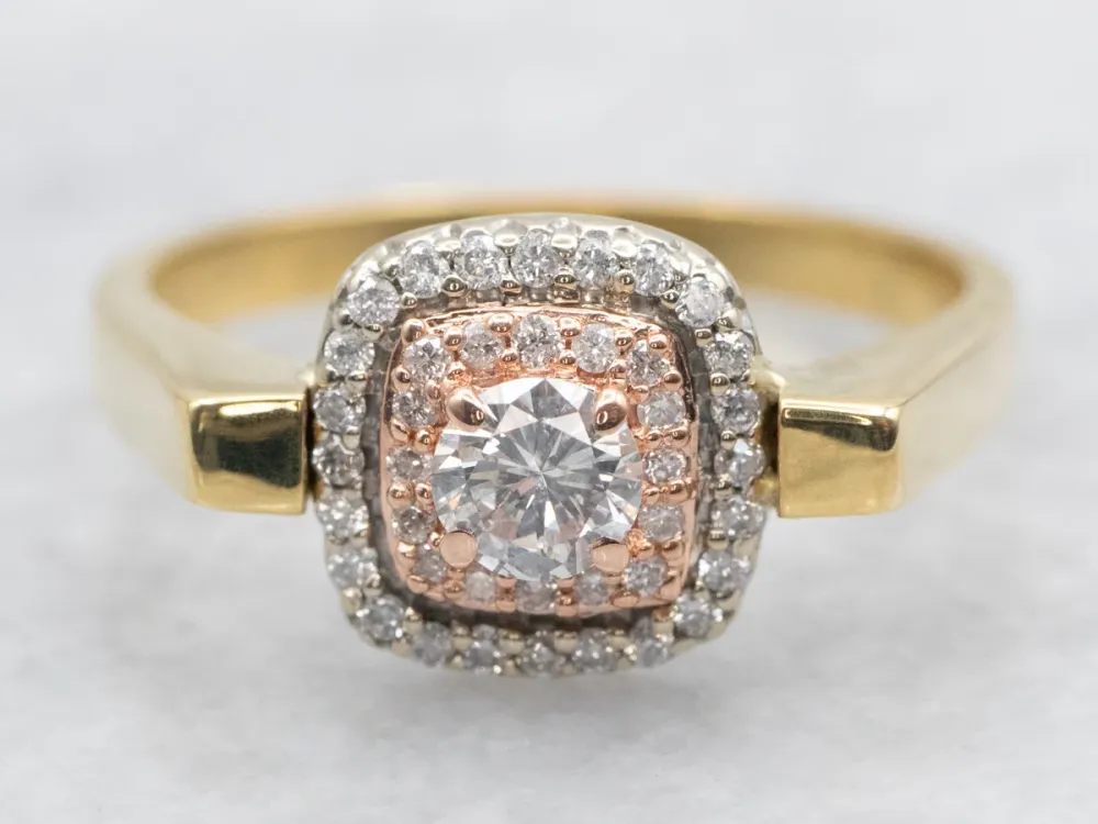 Tri-Color Goud Repurposed Earring Double Diamond Halo Ring
