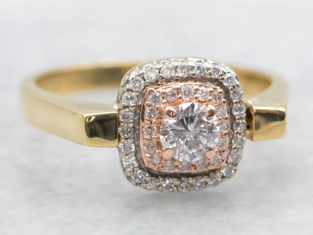 Tri-Color Goud Repurposed Earring Double Diamond Halo Ring
