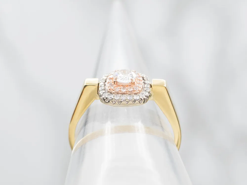Tri-Color Goud Repurposed Earring Double Diamond Halo Ring