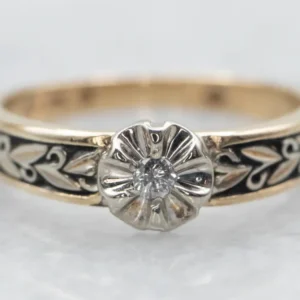Two Tone Diamond Flower Ring Etched Shoulders