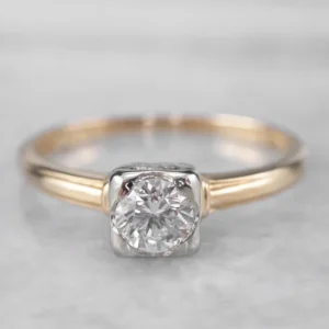 Zware Uitvoering Vintage Diamond Solitaire Engagement Ring Two Tone Gouden